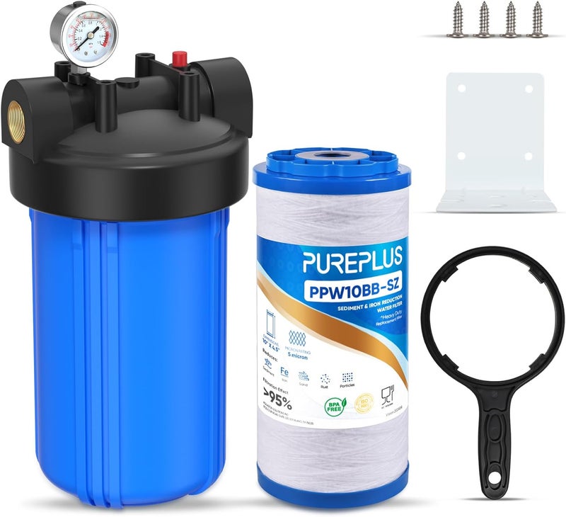 Pure Plus 1-Stage Whole House Water Filter, with Iron Manganese Reducing Water Filter, for Well Water, 10"x4.5" Universal Housing - Image 1